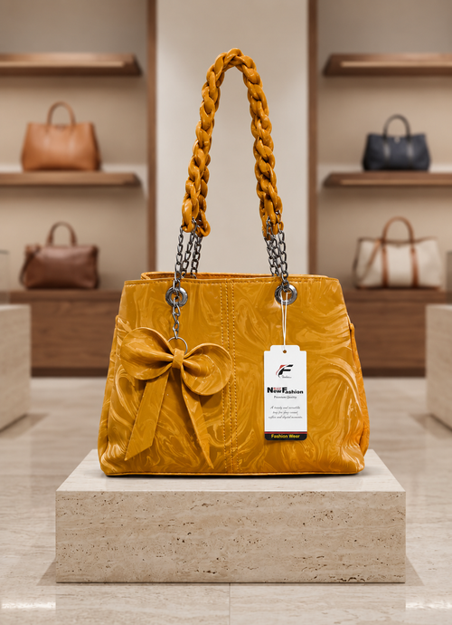 Elegant Navy Blue Glossy Handbag for Women – Braided Chain Handle & Bow Detail